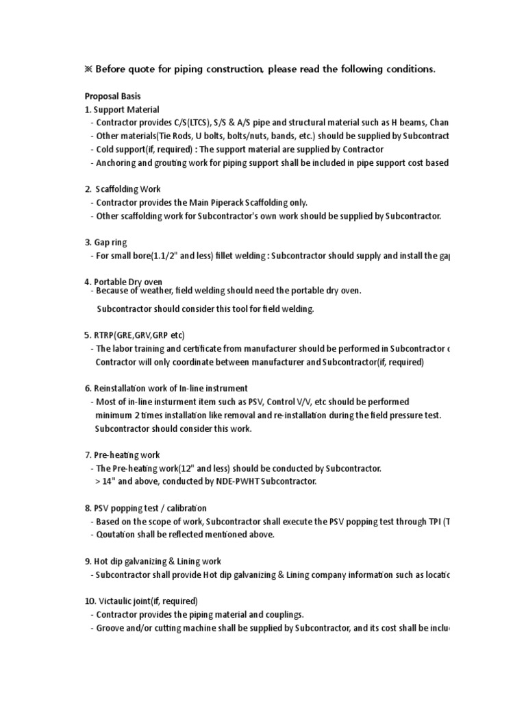 Piping Construction Quotation Guidelines | PDF | Scaffolding | Pipe ...