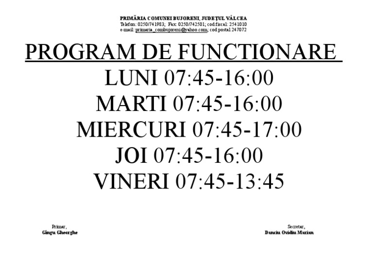 Program de Funcționare Primărie Bujoreni | PDF