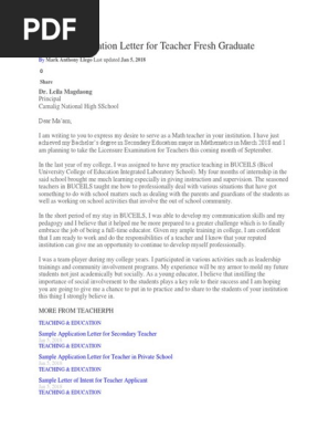 Sample Application Letter for Teacher Fresh Graduate