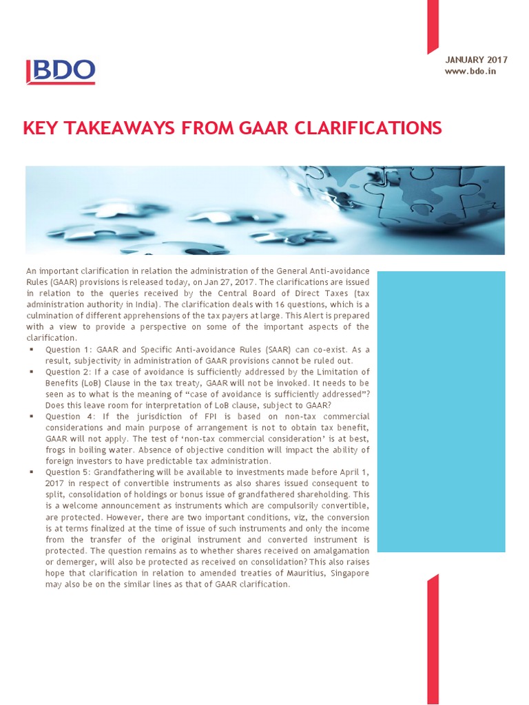 2017key Takeaways From GAAR Clarifications PDF | PDF | Treaty | Taxes