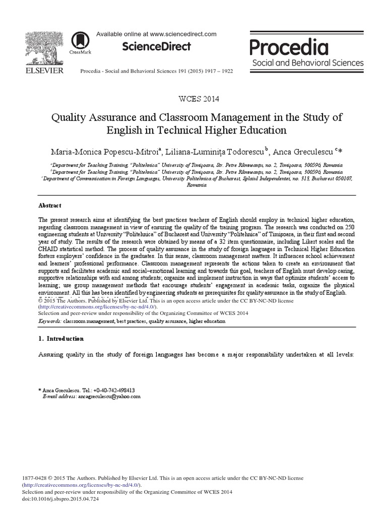 Quality Assurance and Classroom Management in The Study of English in ...