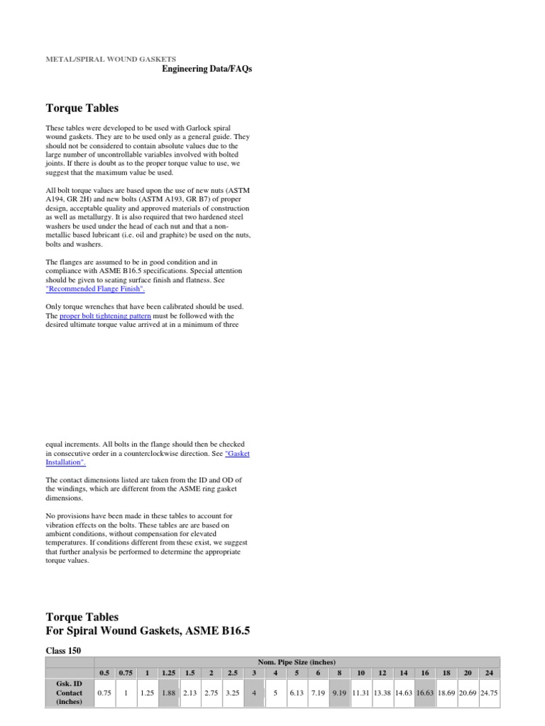 Torque Tables for Spiral Gaskets | PDF | Nut (Hardware) | Screw
