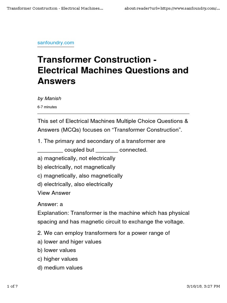 Questions & Answers On Transformers PDF Transformer Electrical