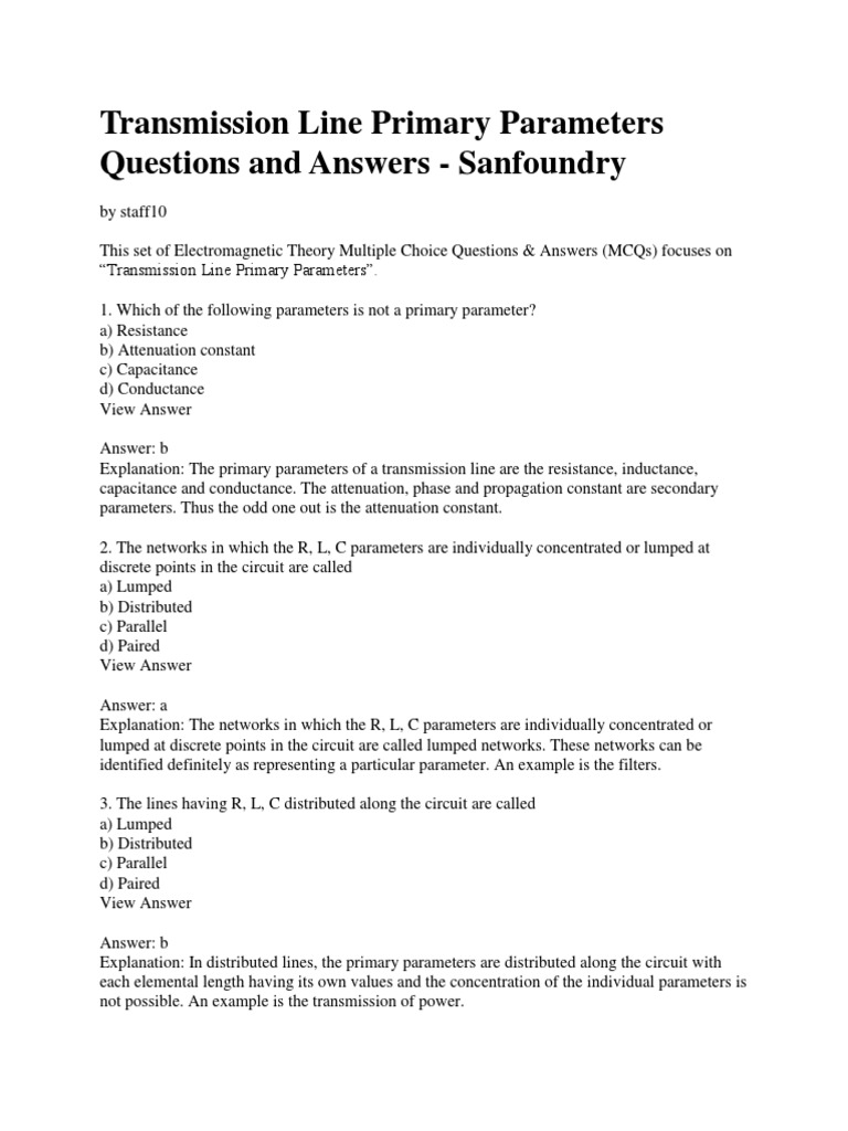 Questions & Answers On Transmission Lines | PDF | Transmission Line ...