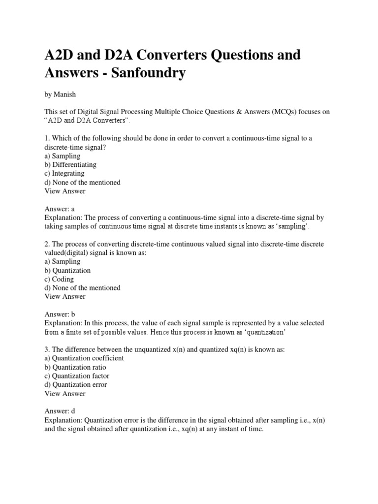 A2D and D2A Converters MCQs | PDF | Sampling (Signal Processing ...