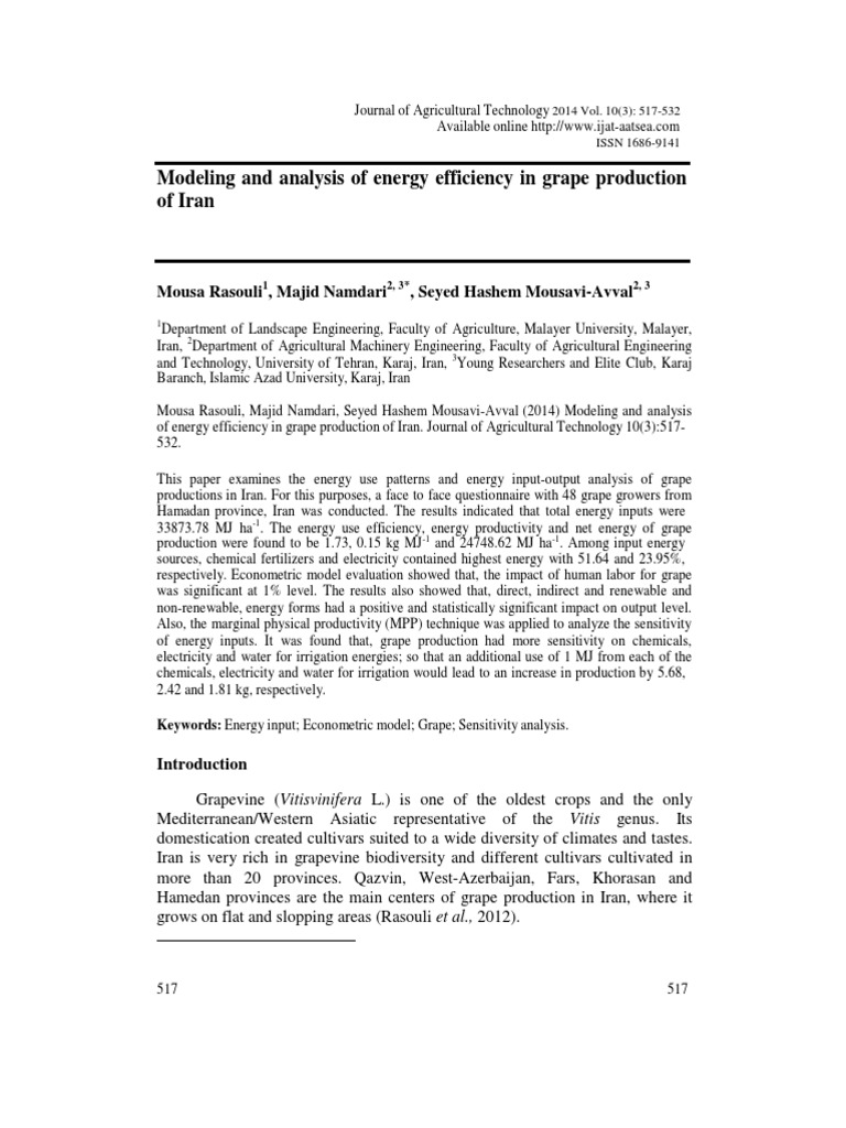 Modeling and Analysis of Energy Efficiency in Grape Production of Iran ...