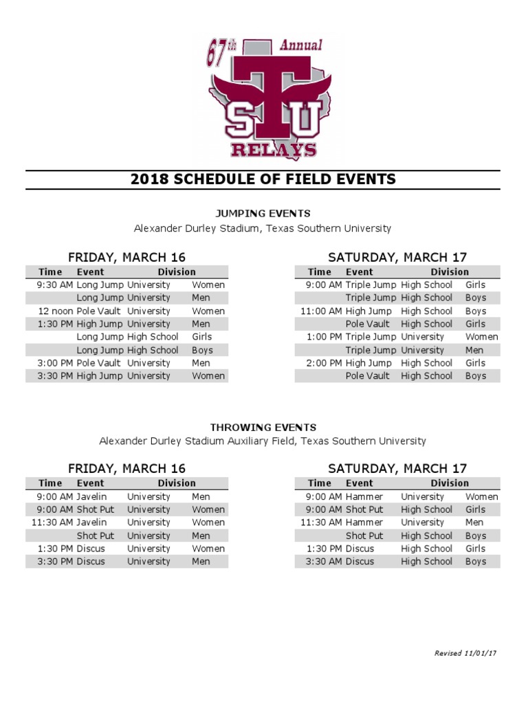 67th TSU Relays Schedule of Events Binder (1) Track And Field Racing