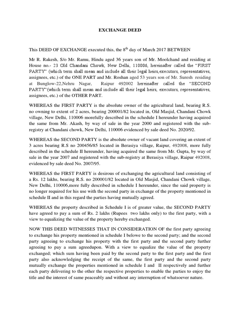 Exchange Deed PDF Property Private Law