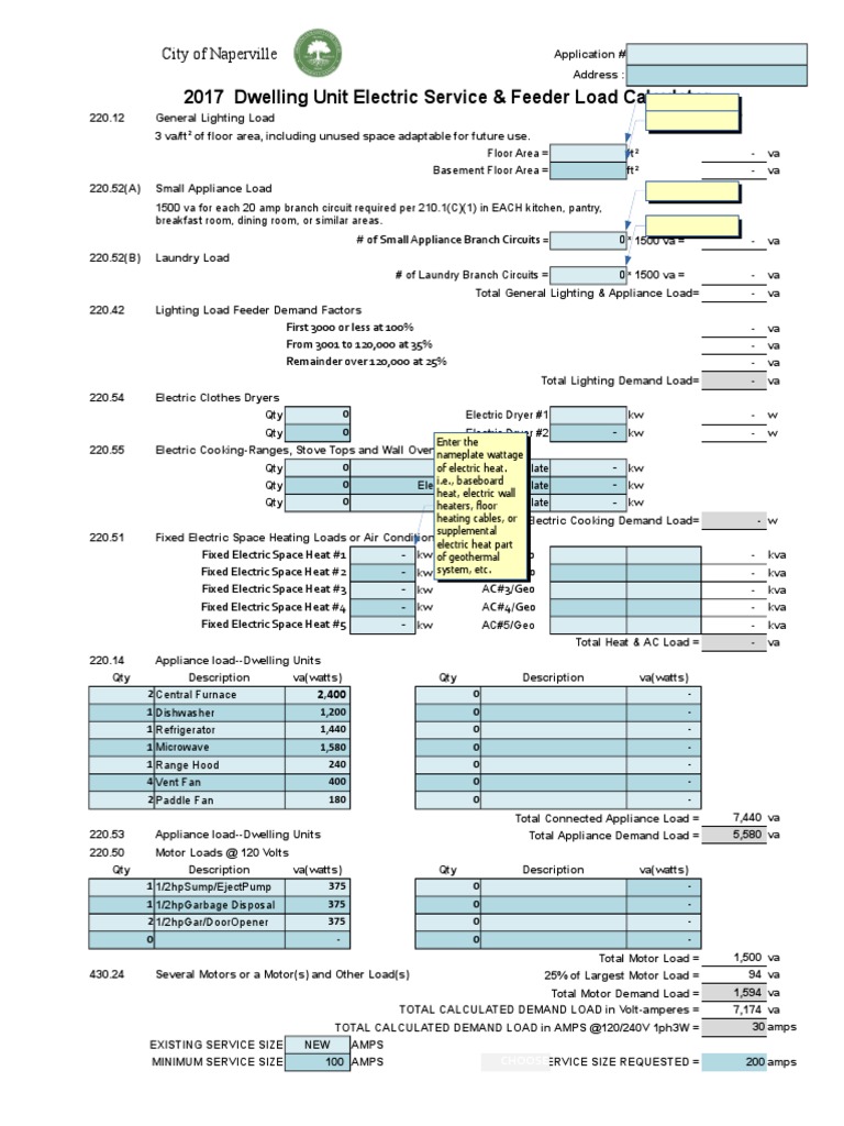 2017 Dwelling Unit Electric Service & Feeder Load Calculator Home