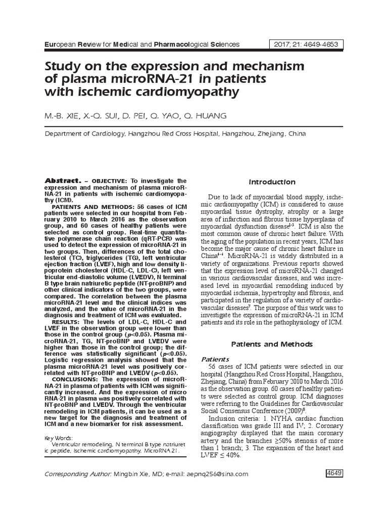 MicroRNA-21 in Ischemic Cardiomyopathy | PDF | Coronary Artery Disease ...