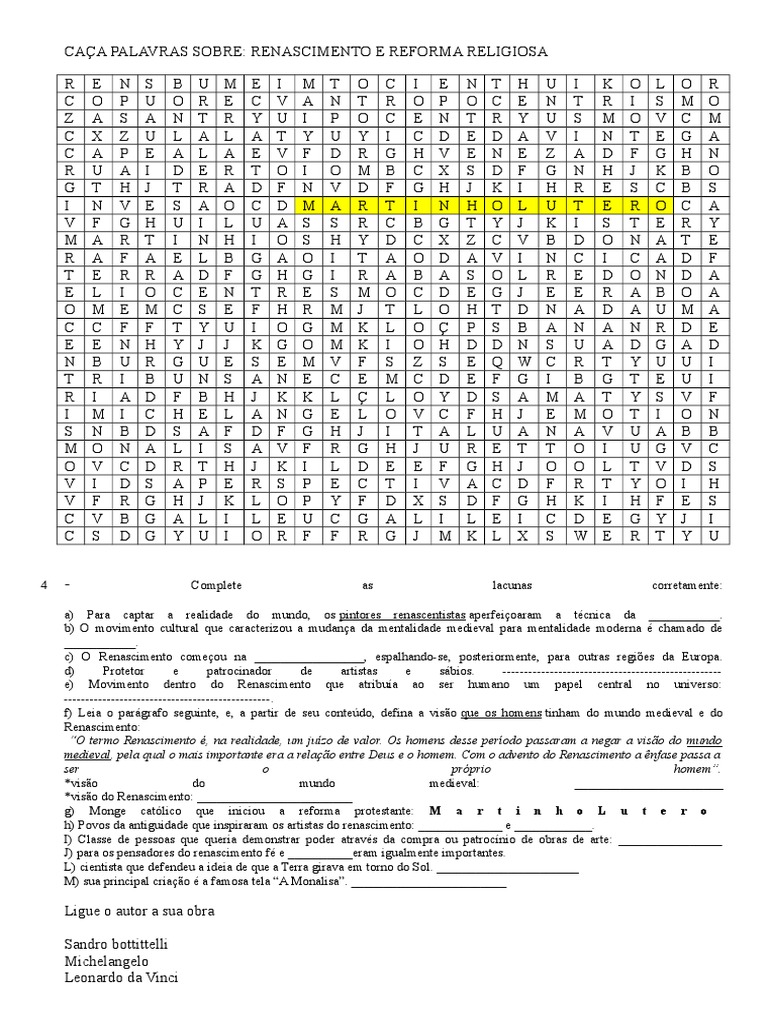 Caça palavras sobre o Renascimento Cultural ajudem aí pfv