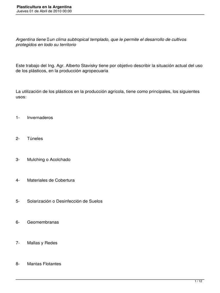 Plasticultura en La Argentina | PDF | Riego | Invernadero