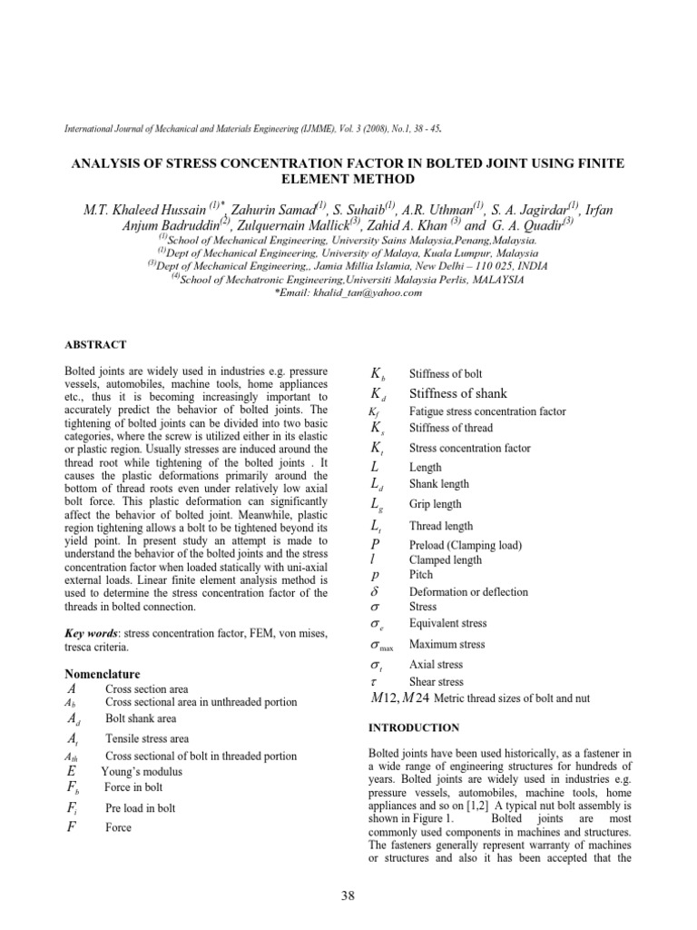 Analysis of Stress Concentration Factor in Bolted Joint Using Finite ...