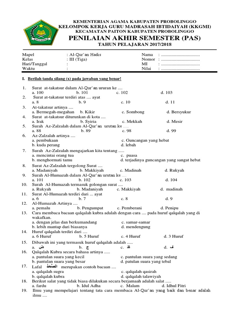 Kisi Kisi Soal Al Qur An Hadits Mi Kelas 2 Bagikan Kelas