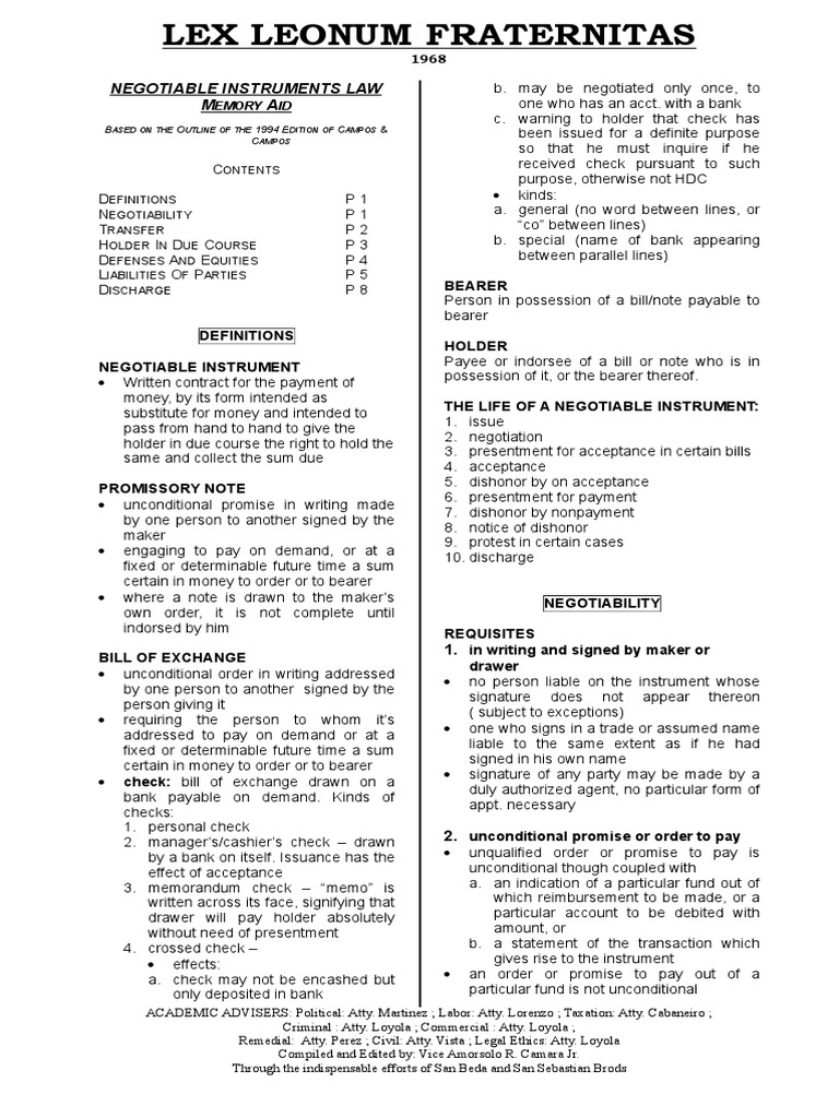 Negotiable Instruments Law Memory Aid | PDF | Negotiable Instrument ...