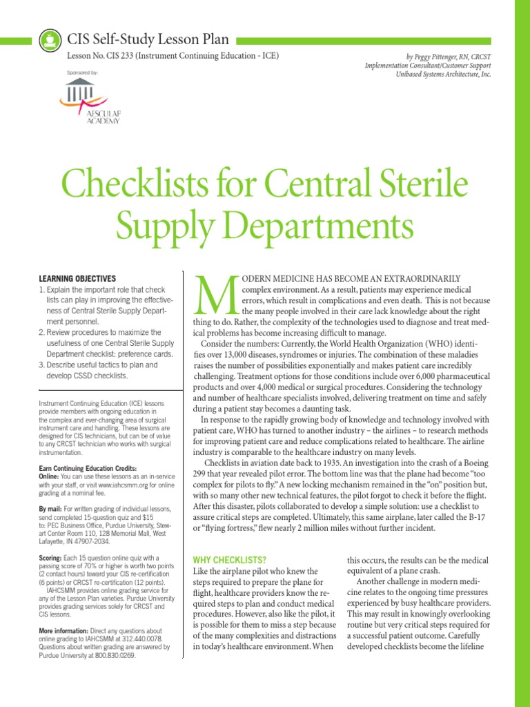 Checklists For Central Sterile Supply Departments: CIS Self-Study ...