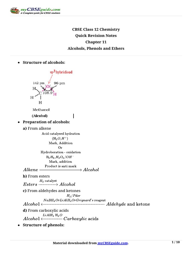 Class 12 Notes on Alcohols, Phenols, Ethers | PDF | Ether | Alcohol