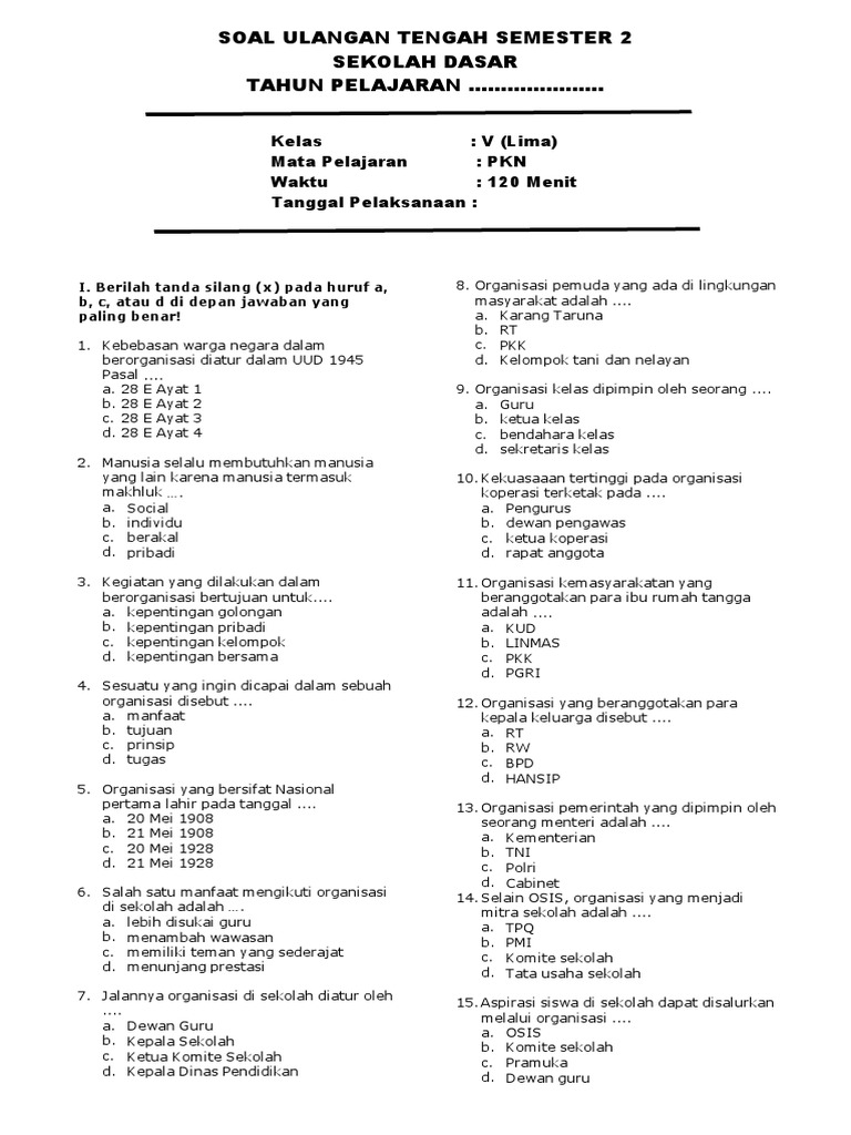 Soal Uts Pkn Kelas 5 Semester 2