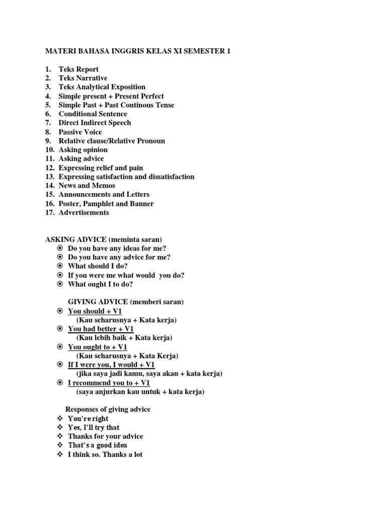 Materi Bahasa Inggris Kelas Xi Semester 1 | Rules | Linguistics