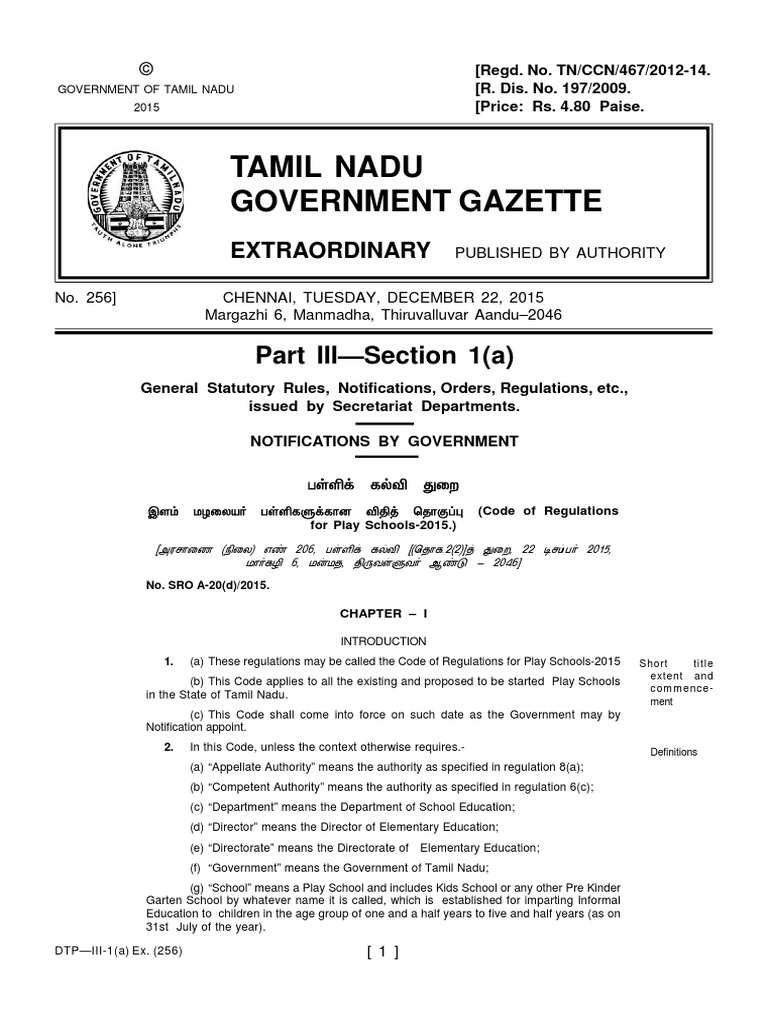 TN Gov Regulations For Playschool 2015 PDF PDF License Schools