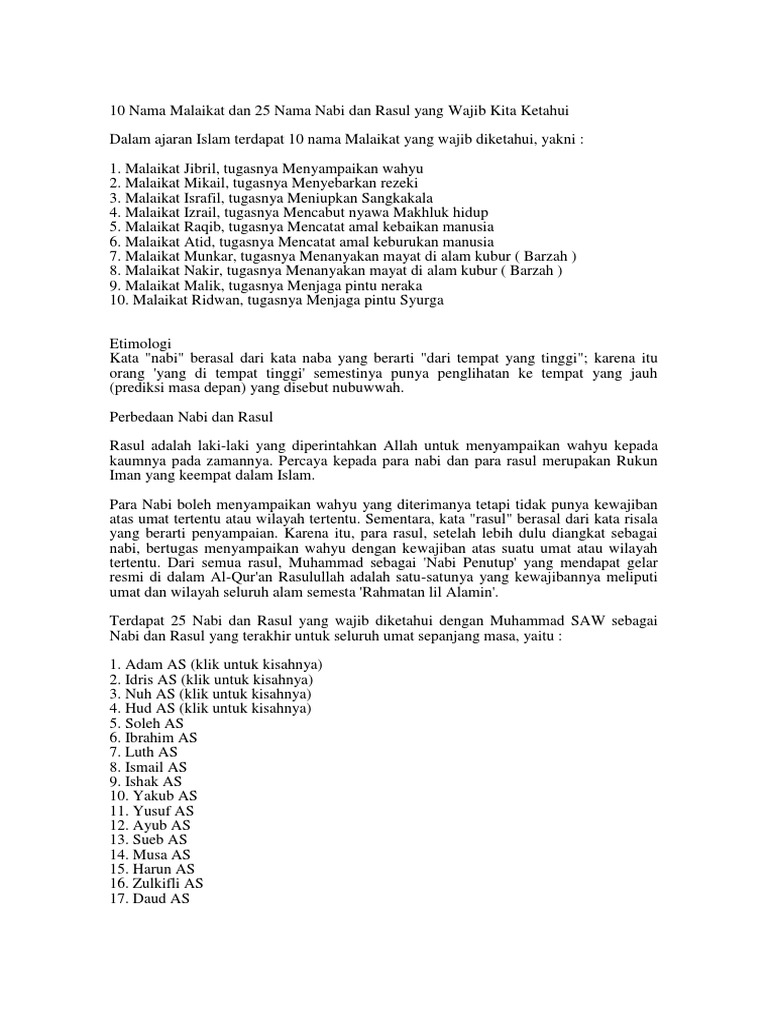 10 Nama Malaikat Dan 25 Nama Nabi Dan Rasul Yang Wajib Kita Ketahui Pdf