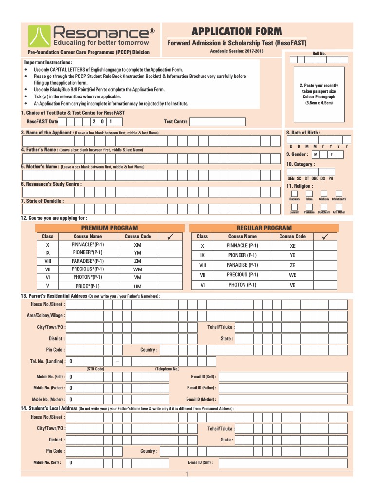 ResoFAST Admission Application Form | PDF | Test (Assessment ...