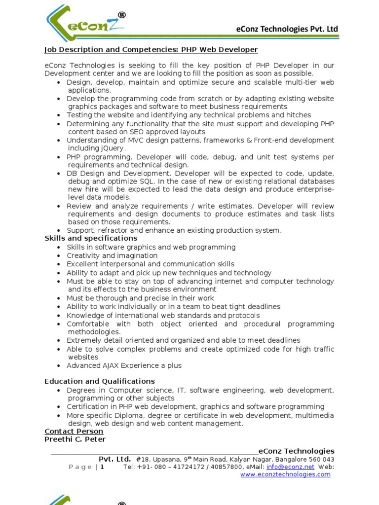 Job Description and Competencies: PHP Web Developer | PDF | Web Design ...