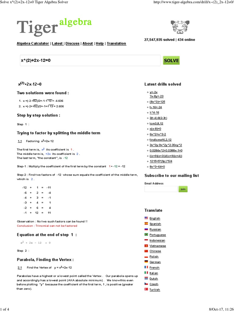 Solve X (2) +2x12 0 Tiger Algebra Solver PDF Quadratic Equation