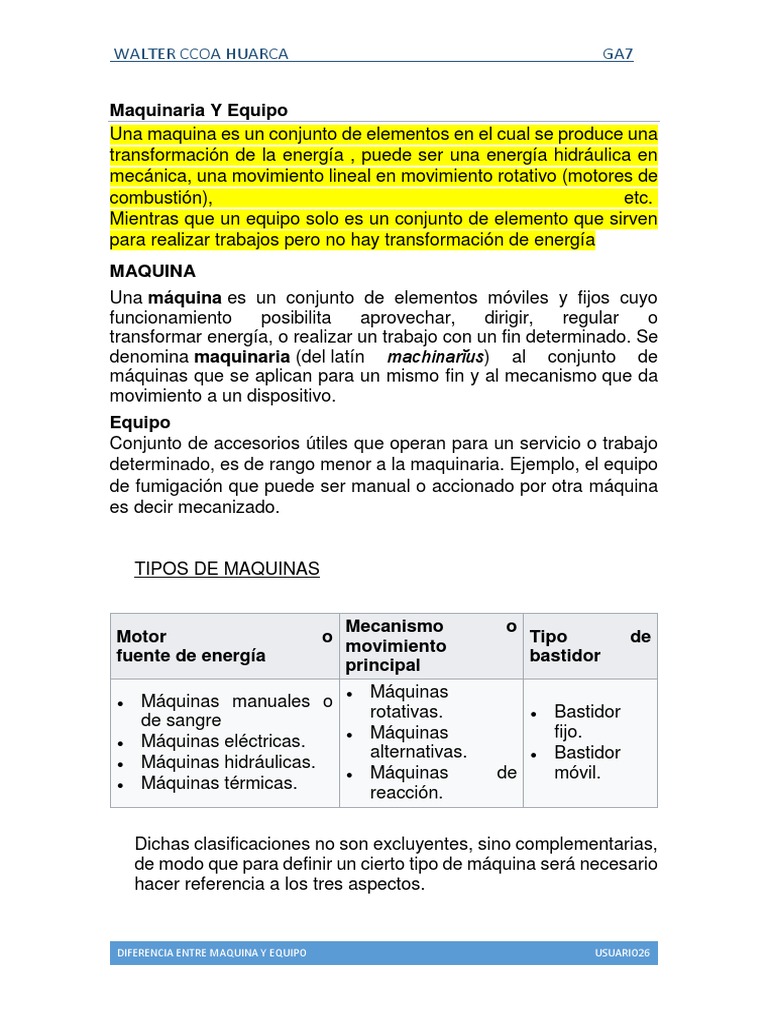 Diferencias entre máquina y equipo | PDF | Herramientas | Movimiento ...