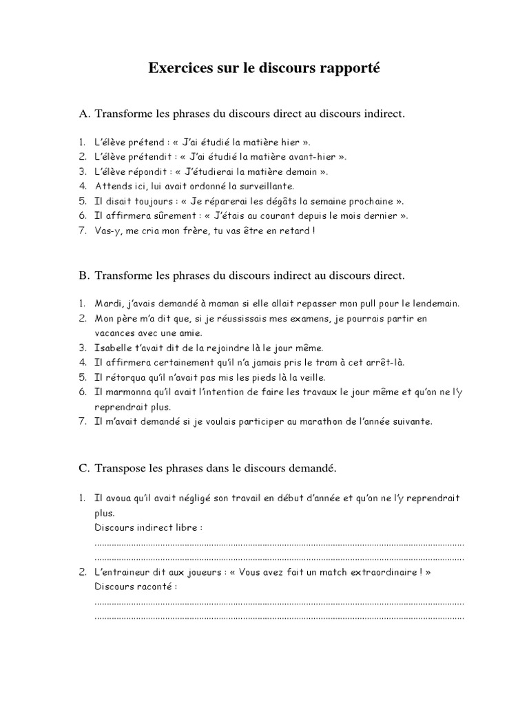 Exercice Discours Direct Indirect Indirect Libre Exercices Sur Le Discours Rapporte-2 | PDF
