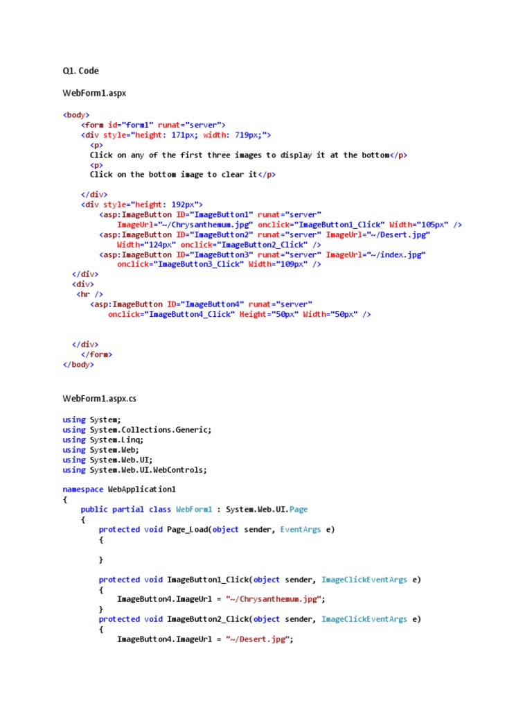 Q1. Code Webform1.Aspx: Id Runat Style Height Width | PDF | Xhtml ...