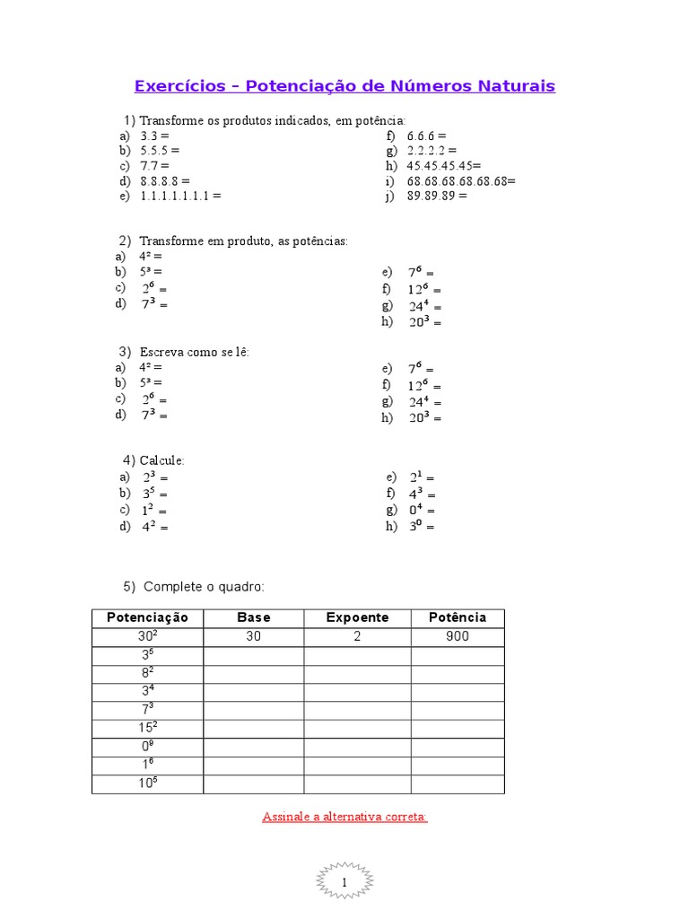 Exercícios de Potenciação 6º Ano | PDF