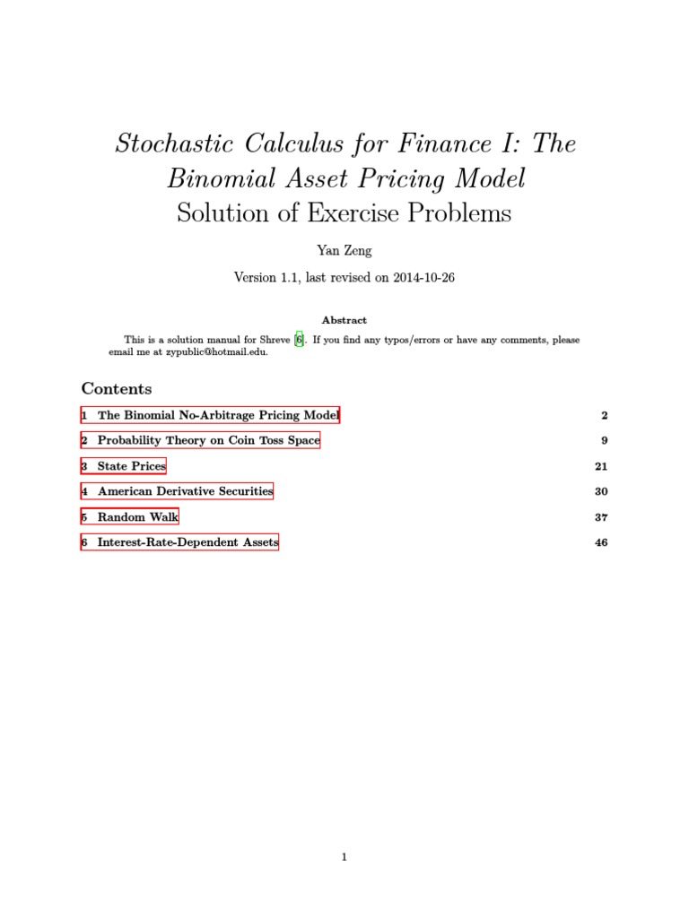 Stochastic Calculus For Finance I: The Binomial Asset Pricing Model ...