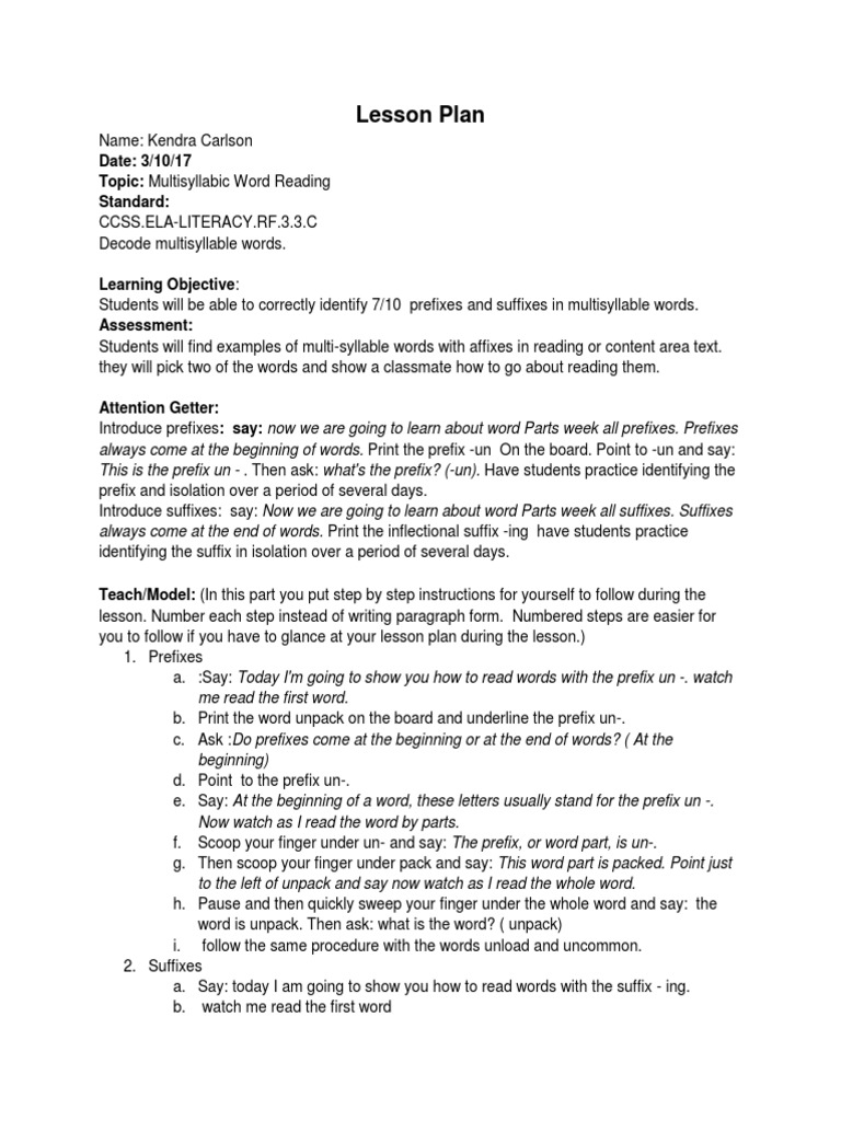 Multisyllabic Words Lesson Plan | PDF | Lesson Plan | Word