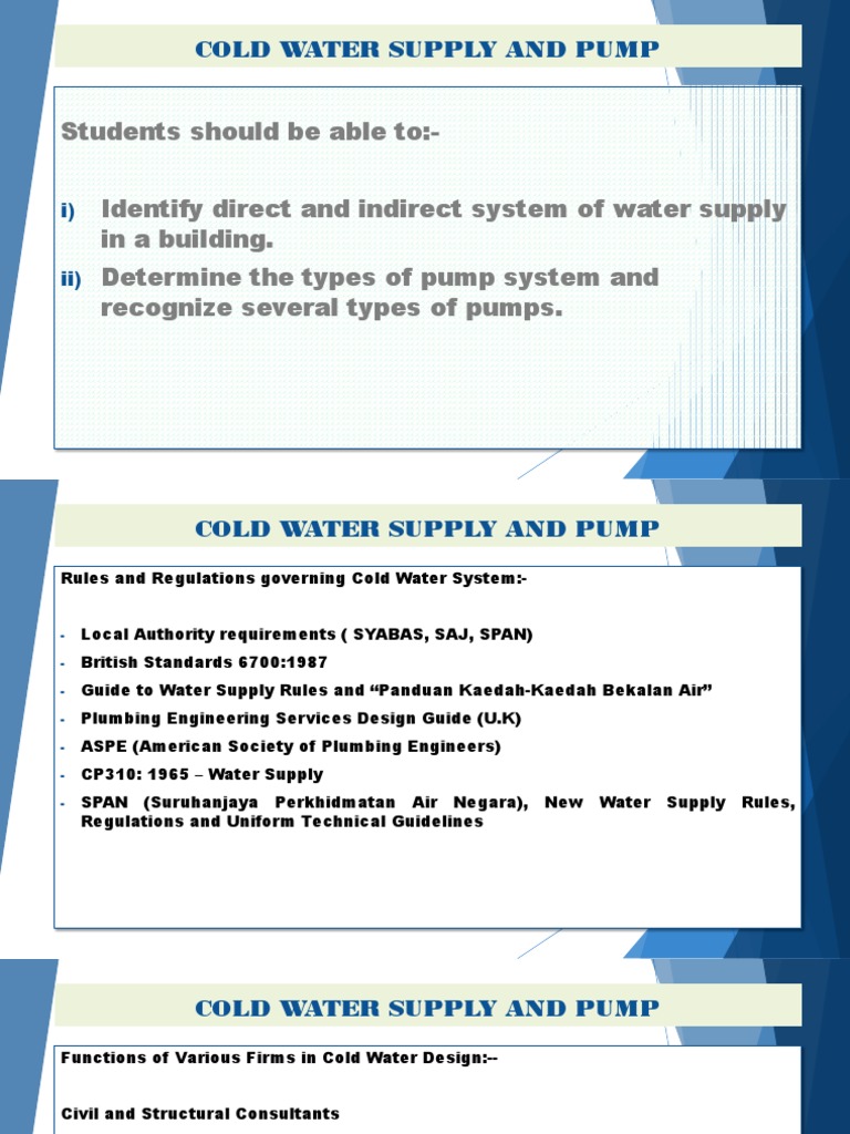 Cold Water Supply System Overview | PDF | Pump | Plumbing