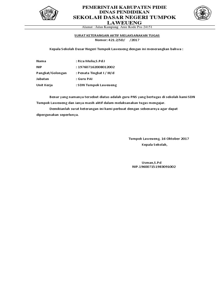 Surat Keterangan Aktif Melaksanakan Tugas Cakep