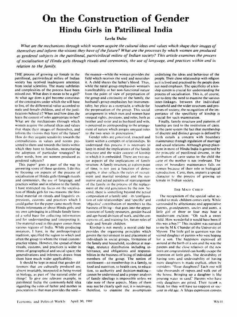 On The Construction of Gender Hindu Girls in Patrilineal India | PDF ...