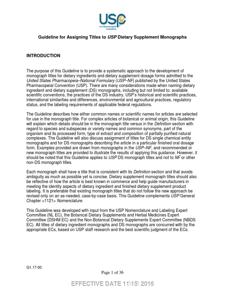 Guideline For Assigning Titles To Usp Dietary Supplement Monograph