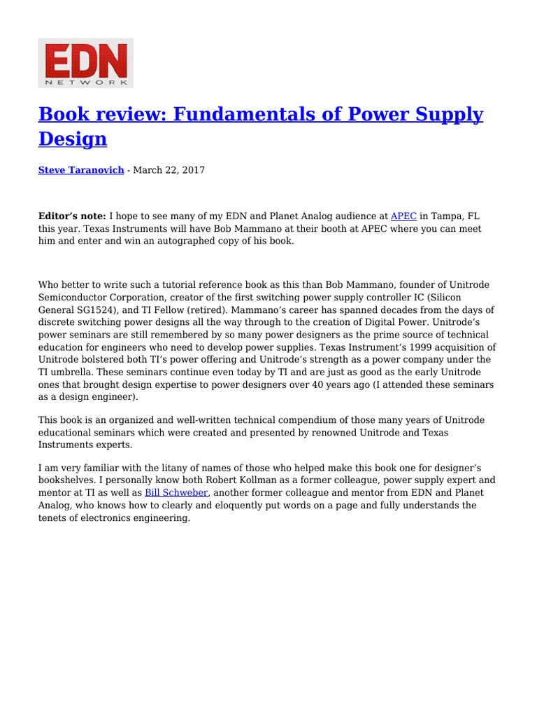Book Review Fundamentals of Power Supply Design PDF Power Supply