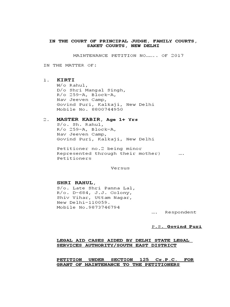 Suit for maintenance under section 125 Crpc Affidavit Lawyer