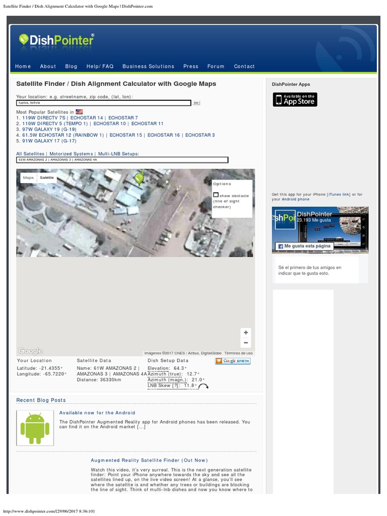 Satellite Finder Dish Alignment Calculator With Google Maps