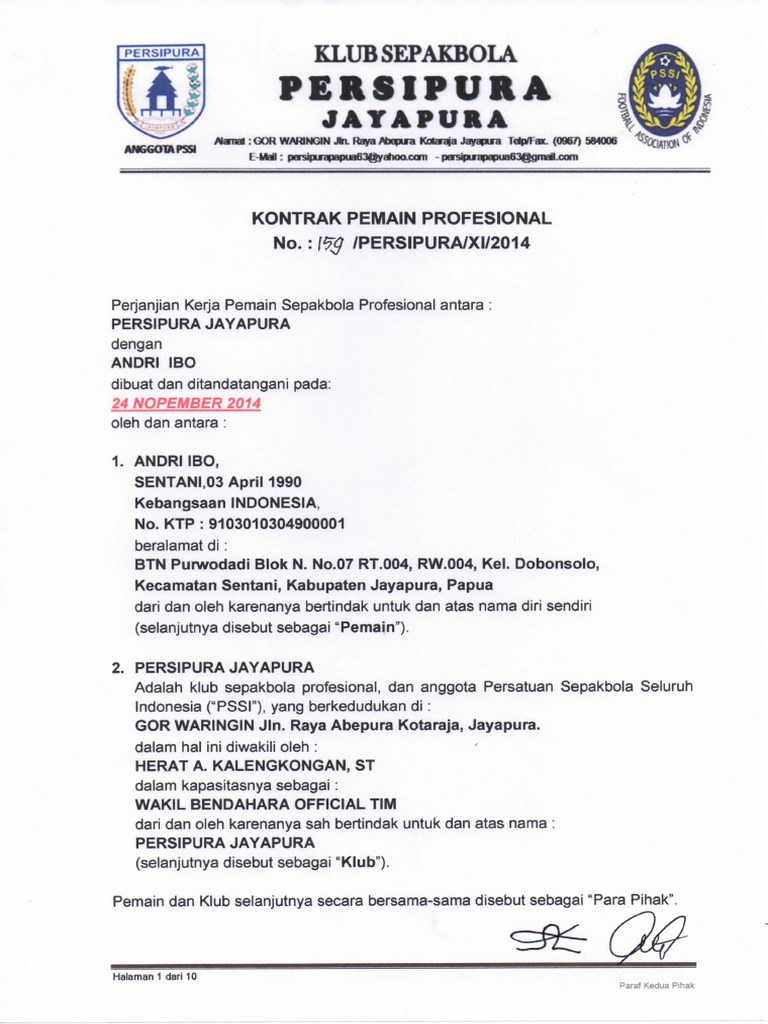 Contoh Kontrak Pemain Bola