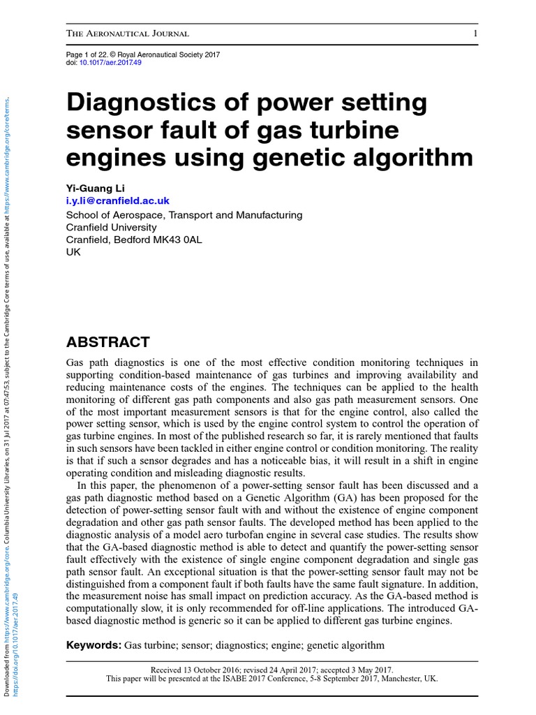 Diagnostics of Power Setting Sensor Fault of Gas Turbine Engines Using ...