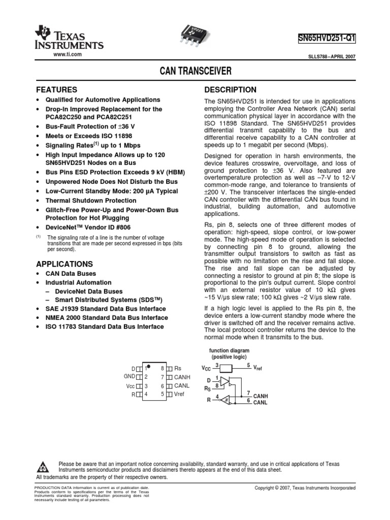 Can Transceiver Features Description PDF Electrical Engineering