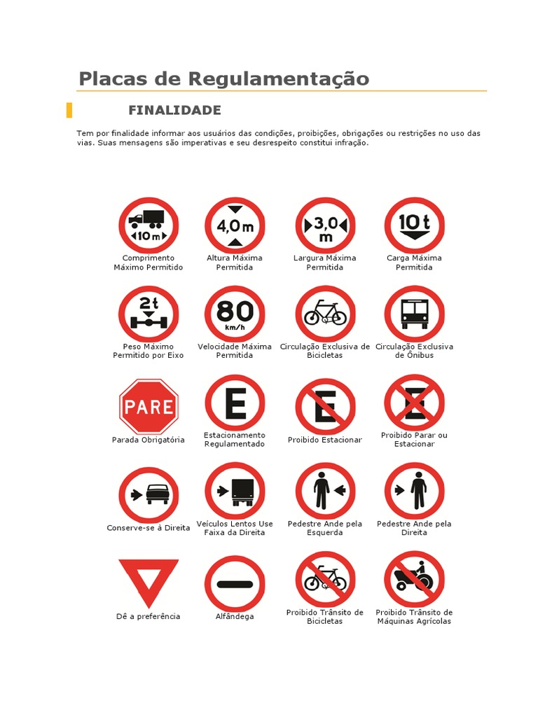 Placas de Regulamentação de Trânsito | PDF | Tráfego | Engenharia de ...
