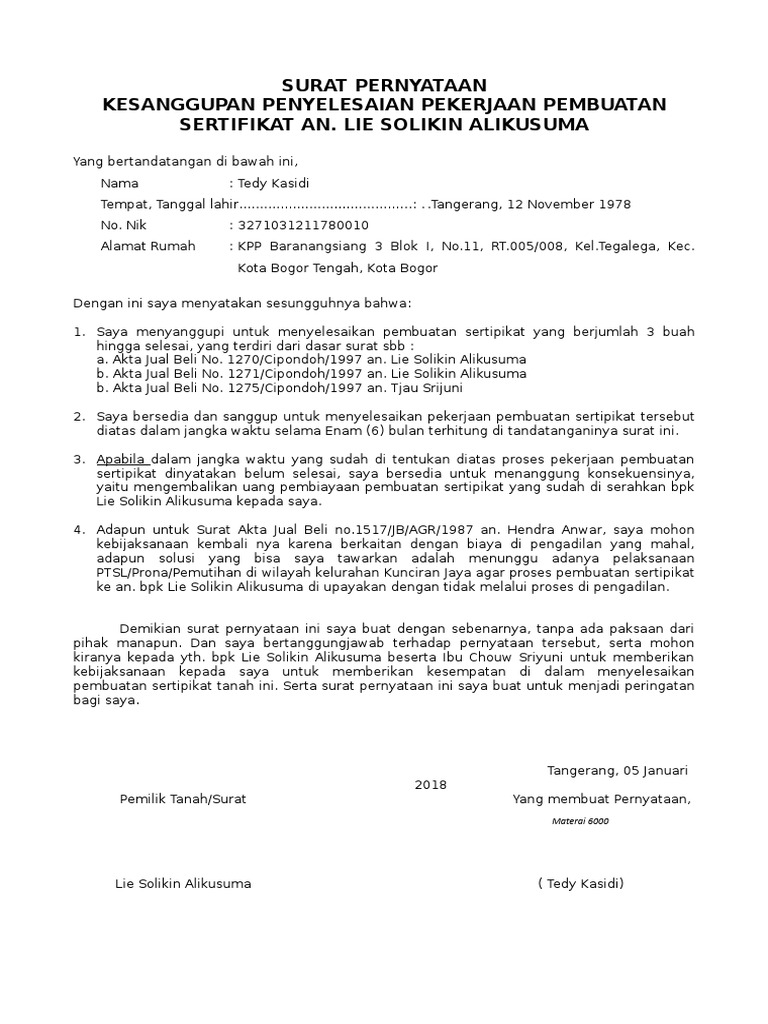 Contoh surat kesanggupan