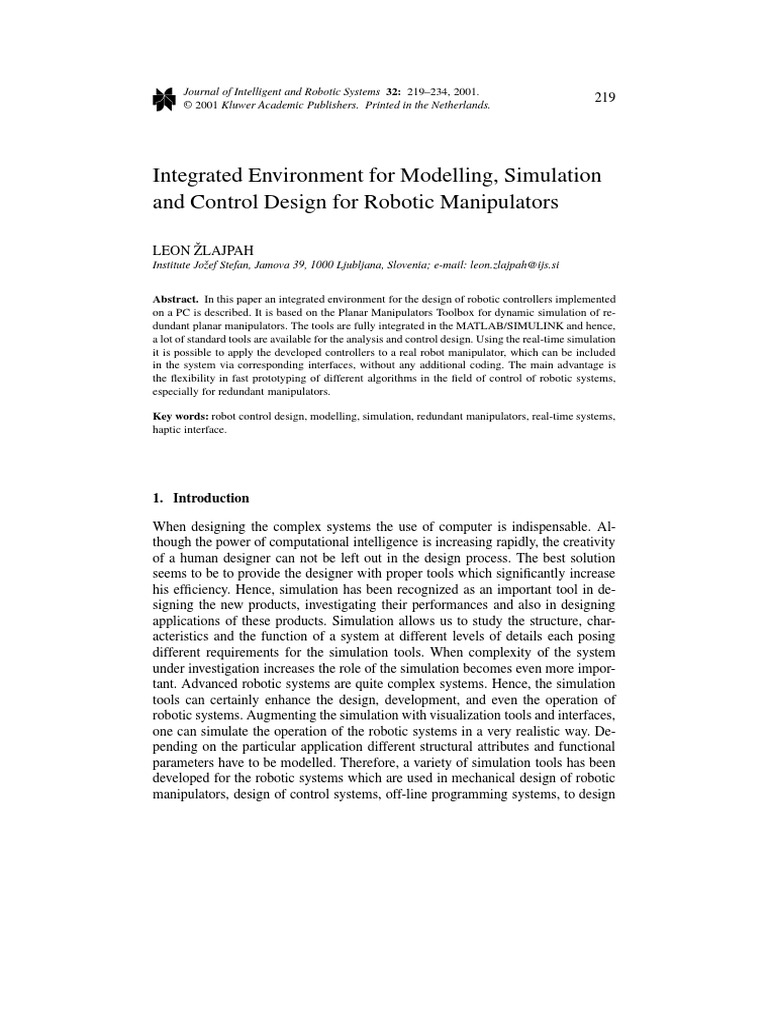 Modelling, Simulation and Control Design For Robotic Manipulators PDF ...