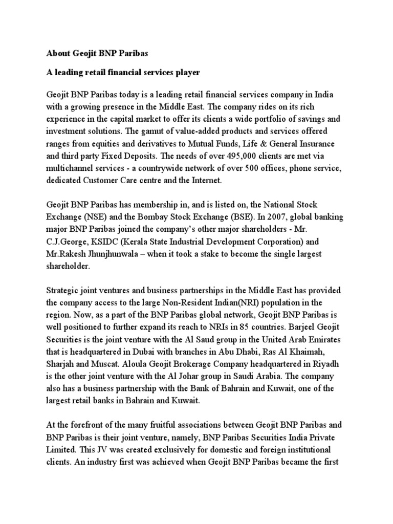 Overview of Geojit BNP Paribas Services | PDF | Investments ...