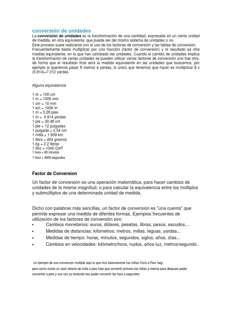 Cuanto Equivale 1 Milla En Kilometros Conversión de Unidades | PDF