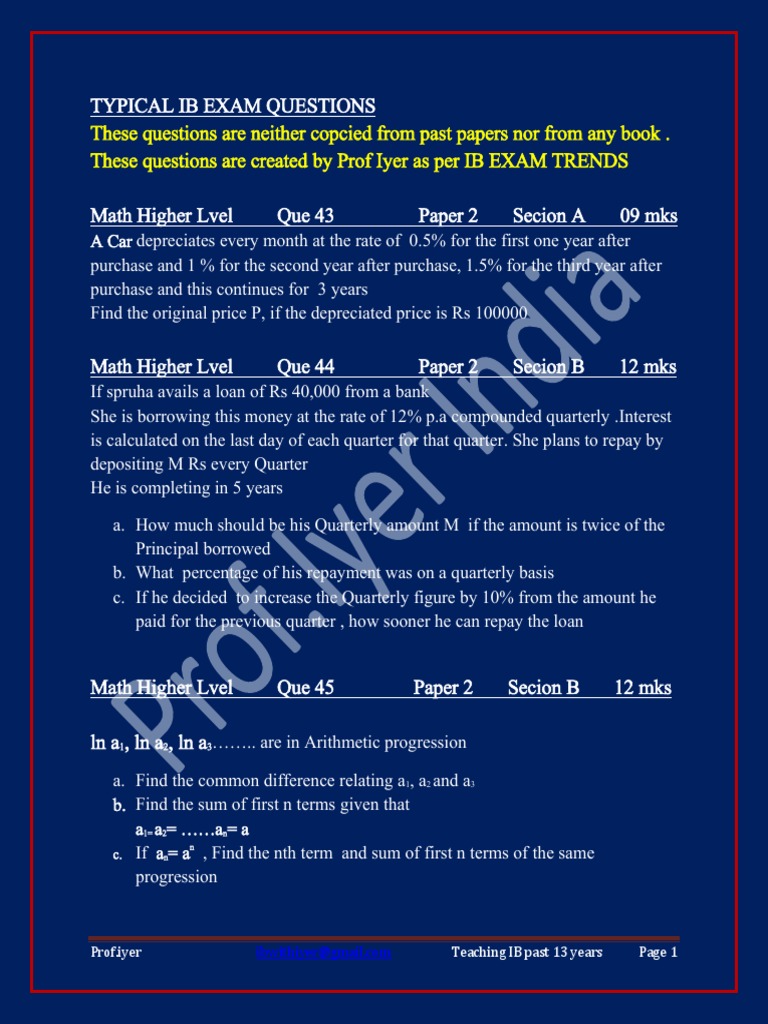 IB Math Exam Questions by Prof Iyer | PDF | Career & Growth